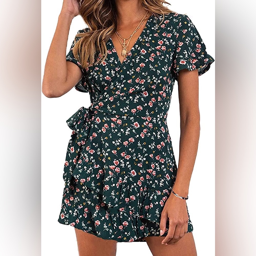 Aimcoo Women's Short Sleeve Wrap Dress Floral Print V Neck//*NWOT*//Size Small